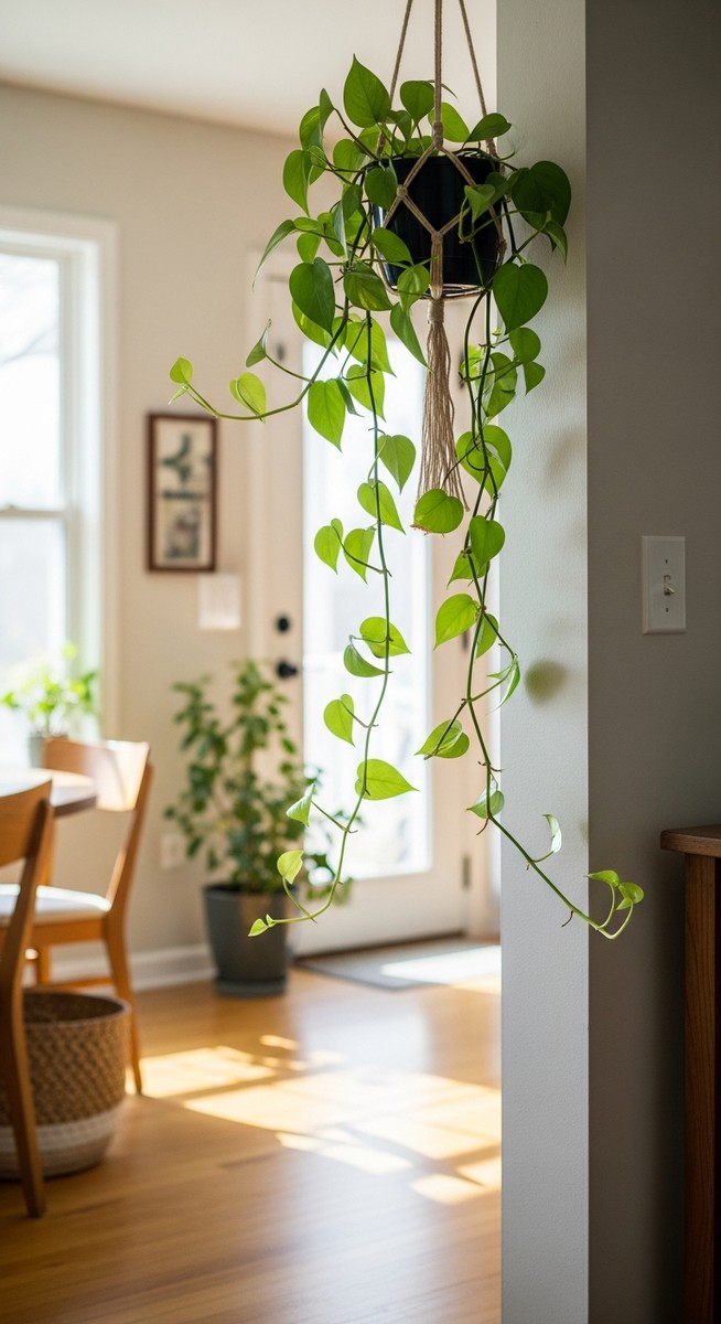 a pothos in the brightest spot of a bright home interior