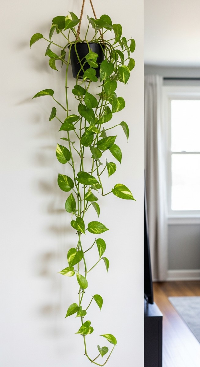 a pothos with its leaves oriented toward the light in a bright home interior