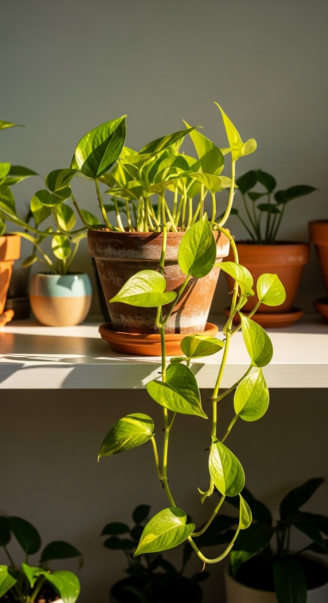 a lush pothos plant in a terracotta pot on a white shelf