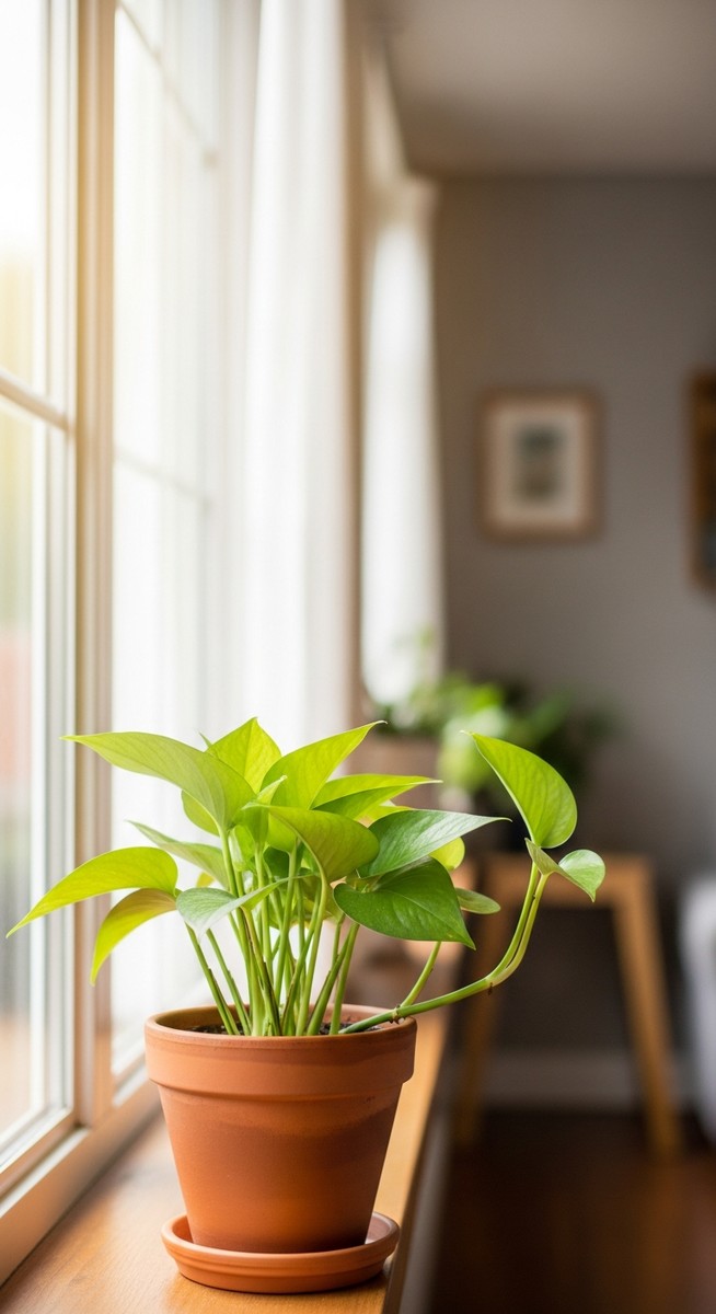 a pothos plant in a pot near a bright window