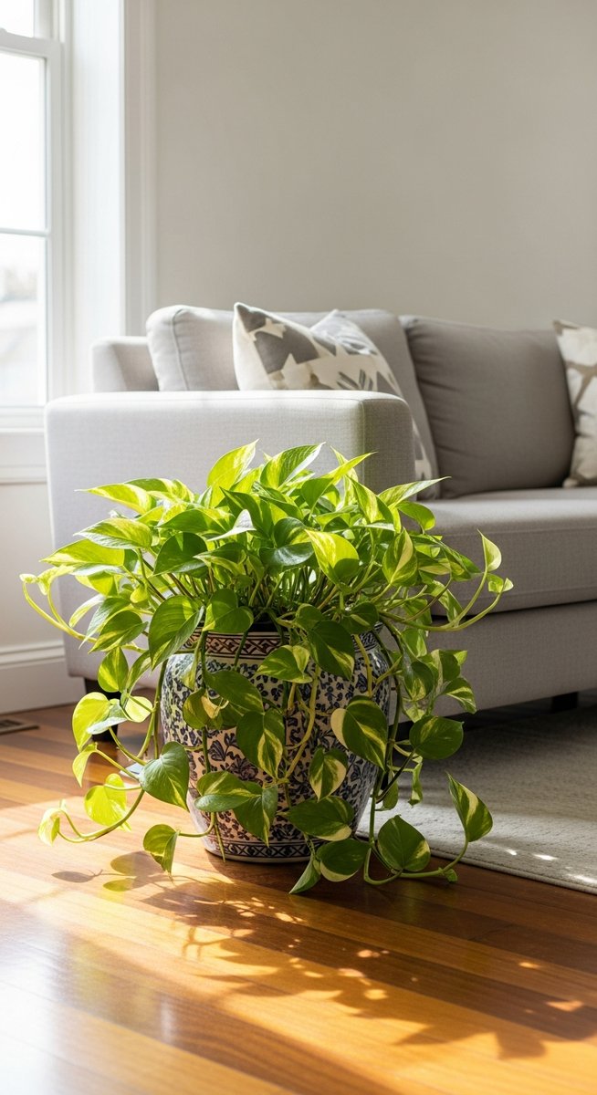 a pothos plant in a decorative pot on a wooden floor