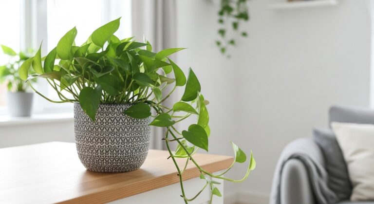 a healthy pothos plant displayed in a bright modern living room, for pothos like coffee grounds