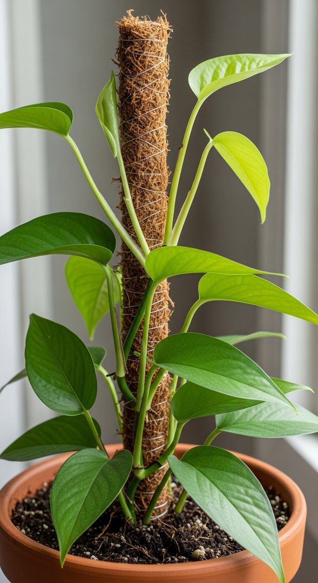 A pothos houseplant in a pot with a moss pole inserted into the soil, for pothos moss pole