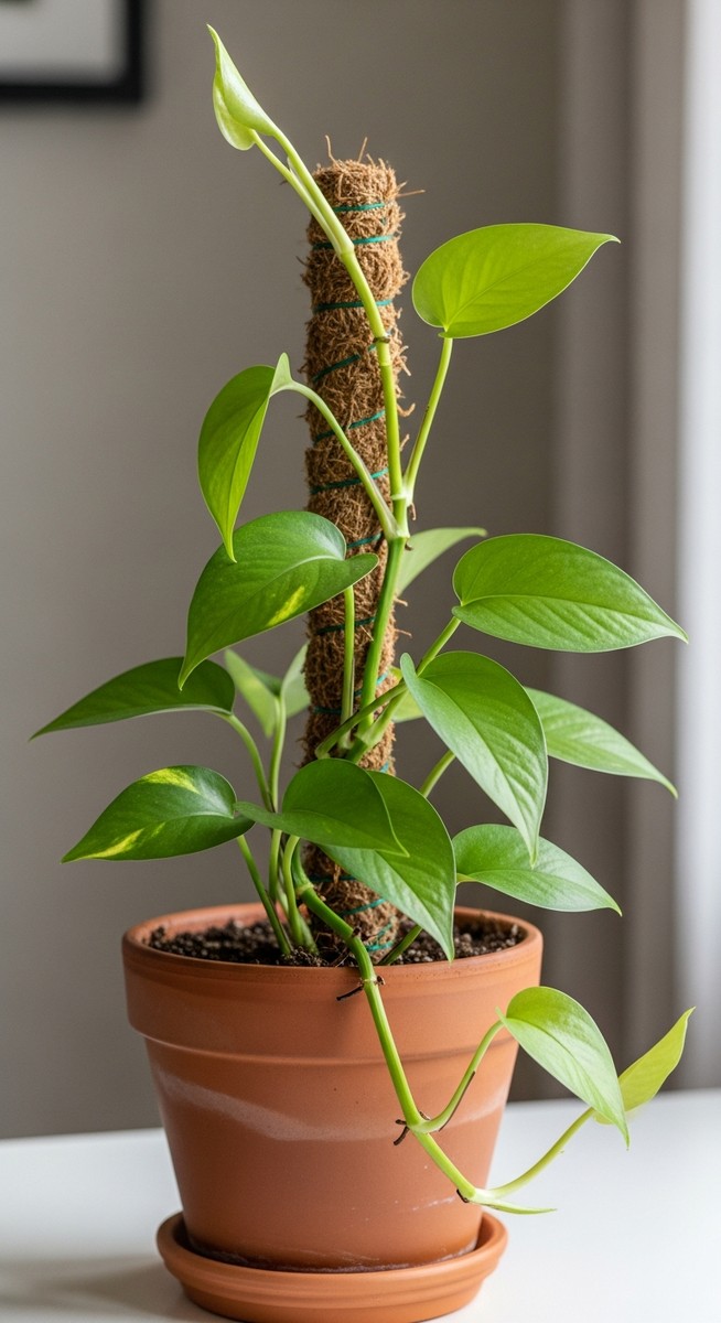 A pothos houseplant in a pot with a moss pole inserted into the soil
