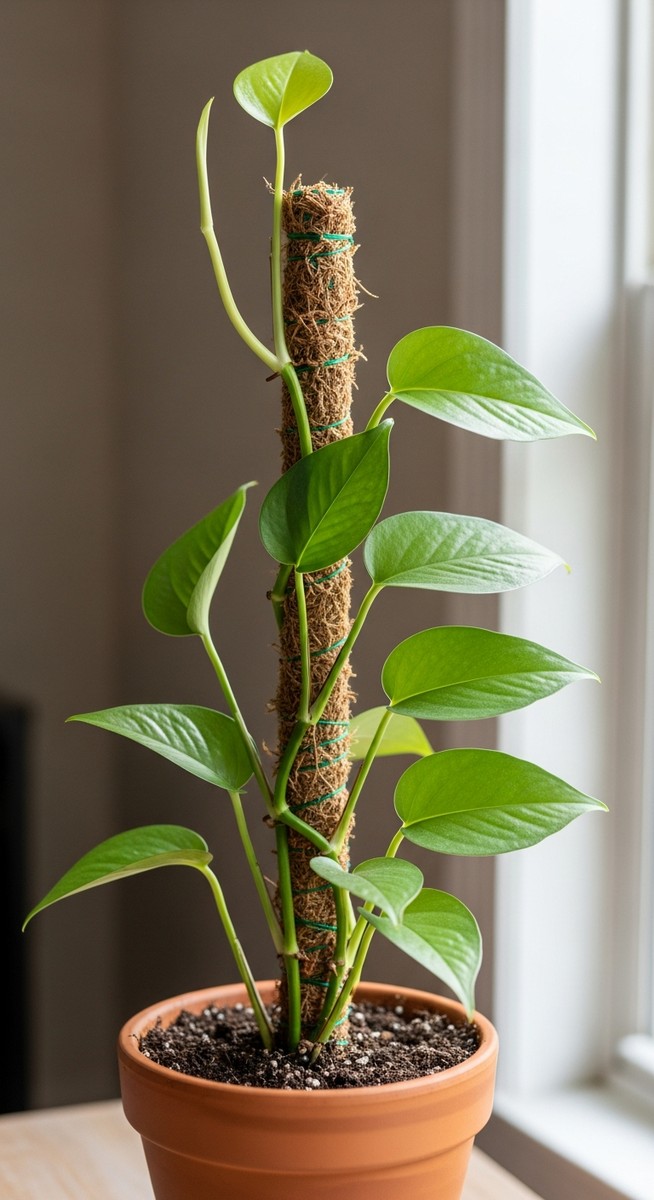A pothos houseplant in a pot with a moss pole inserted into the soil, for pothos moss pole