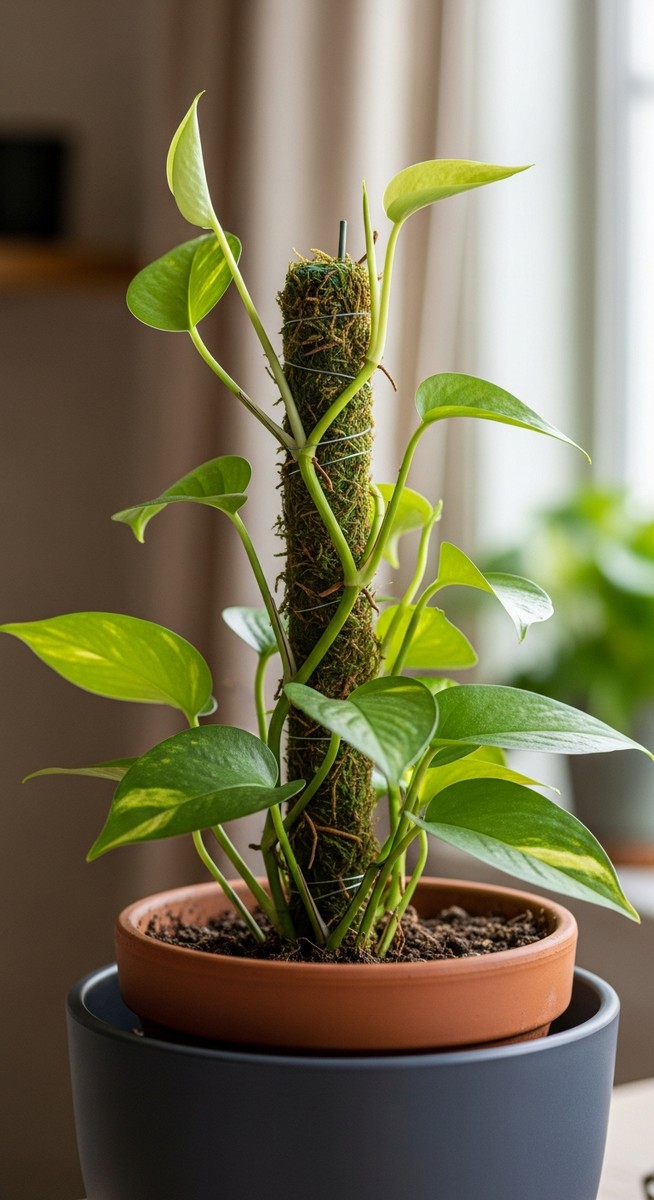 A pothos houseplant in a pot with a moss pole inserted into the soil