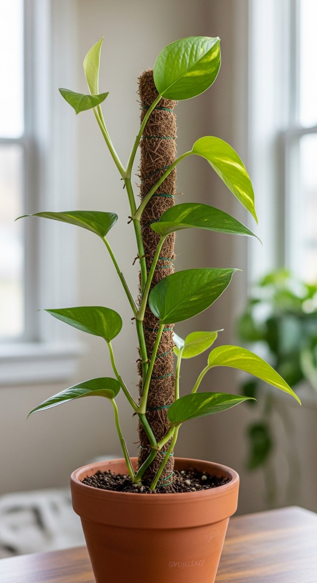 A pothos houseplant in a pot with a moss pole inserted into the soil, for pothos moss pole