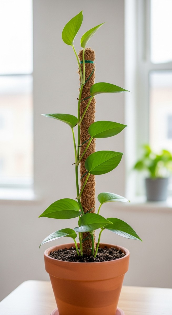 A pothos houseplant in a pot with a moss pole inserted into the soil