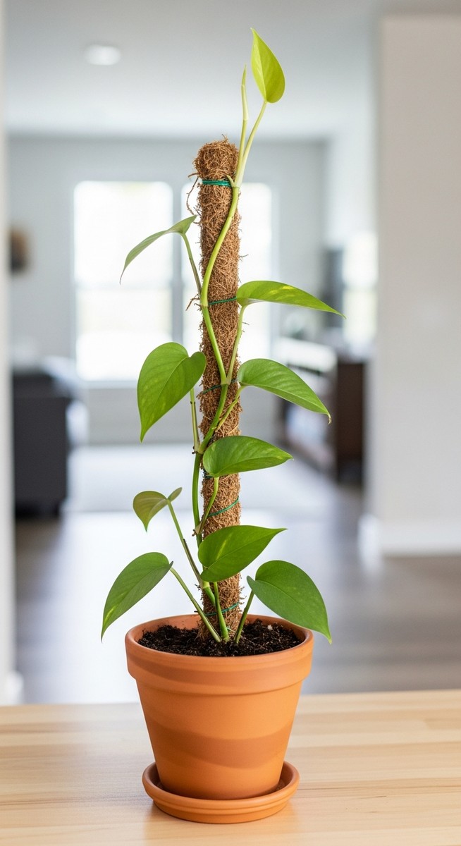 A pothos houseplant in a pot with a moss pole inserted into the soil, for pothos moss pole