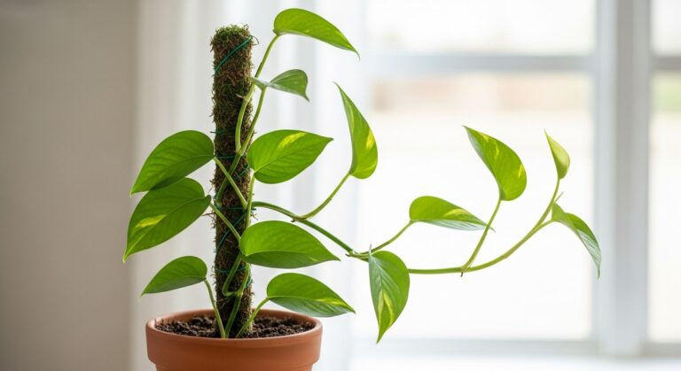 A pothos houseplant in a pot with a moss pole inserted into the soil, for pothos moss pole