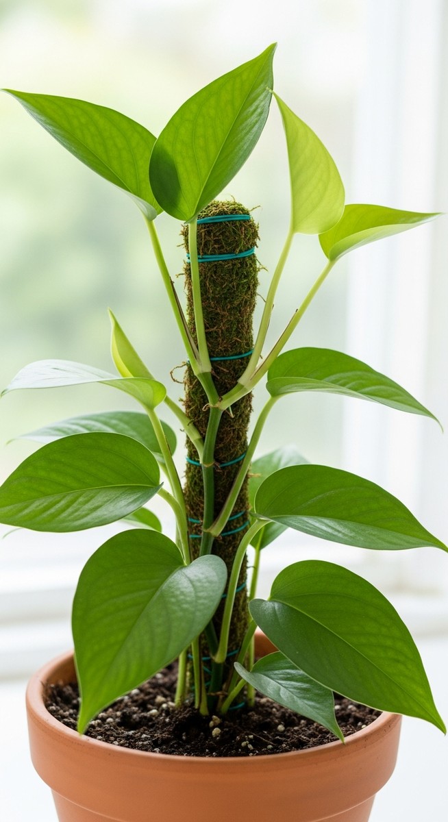 A pothos houseplant in a pot with a moss pole inserted into the soil