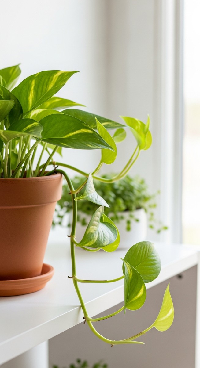 a lush pothos plant in a terracotta pot on a white shelf