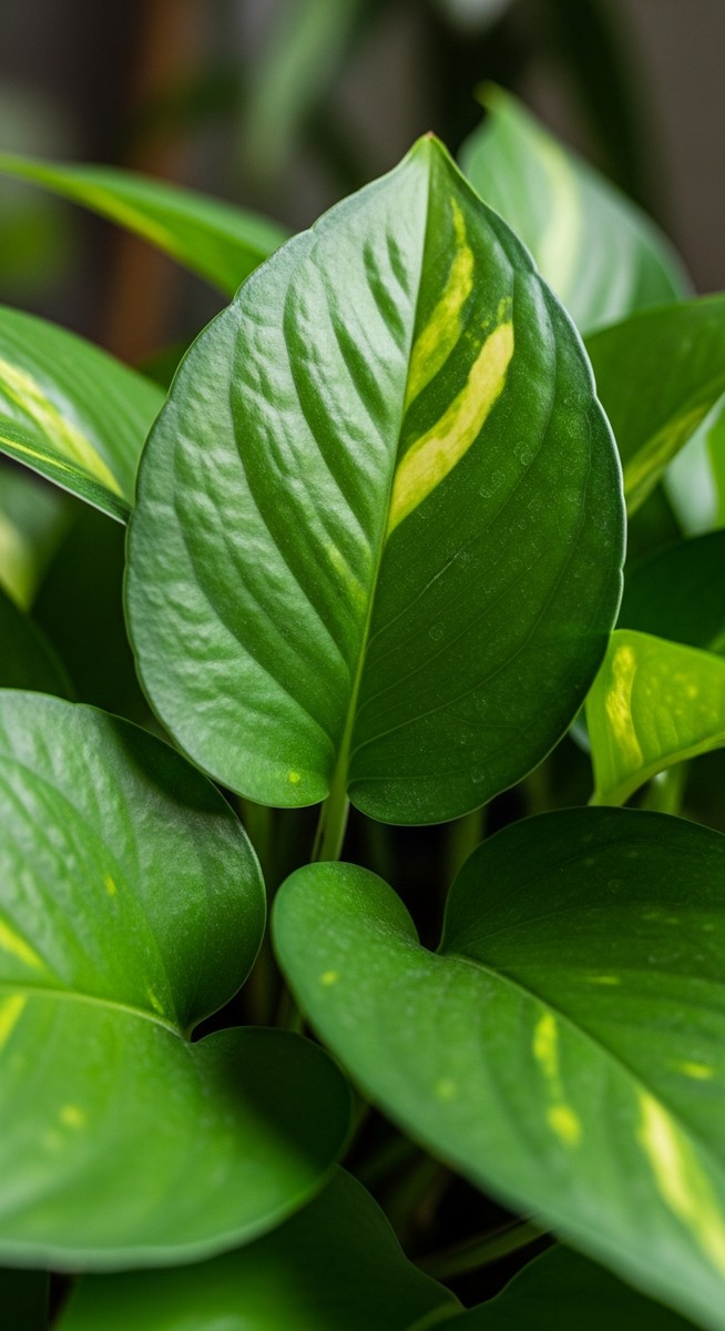 close-up of healthy pothos leaves showing vivid colour and texture, for pothos njoy