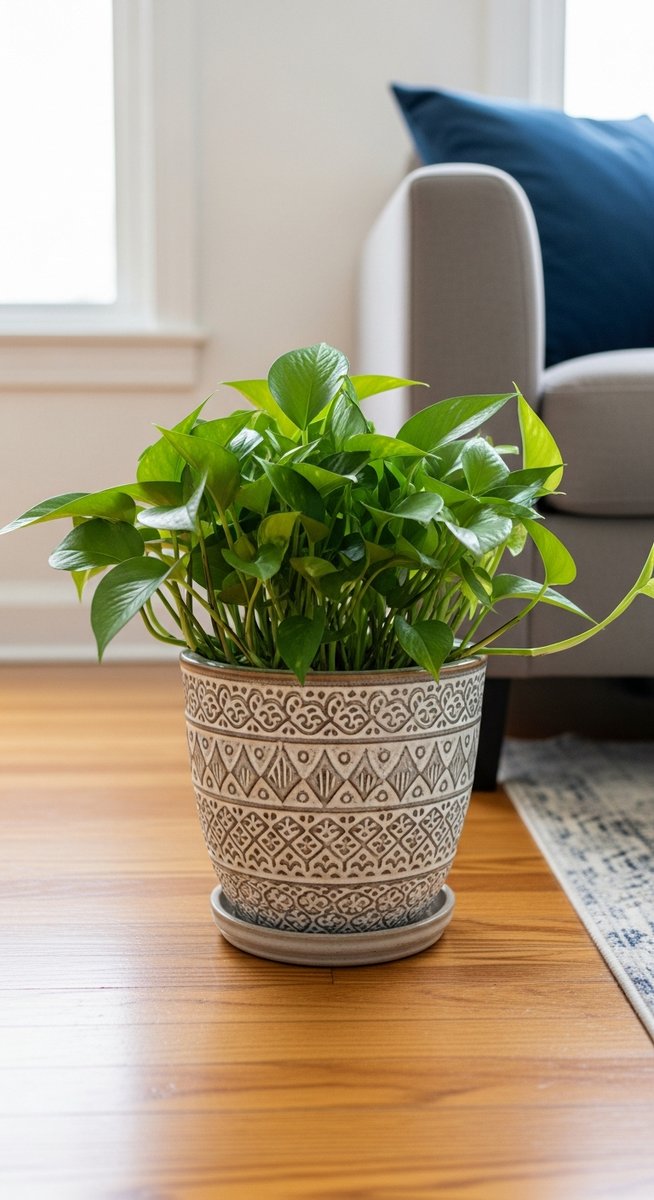 a pothos plant in a decorative pot on a wooden floor