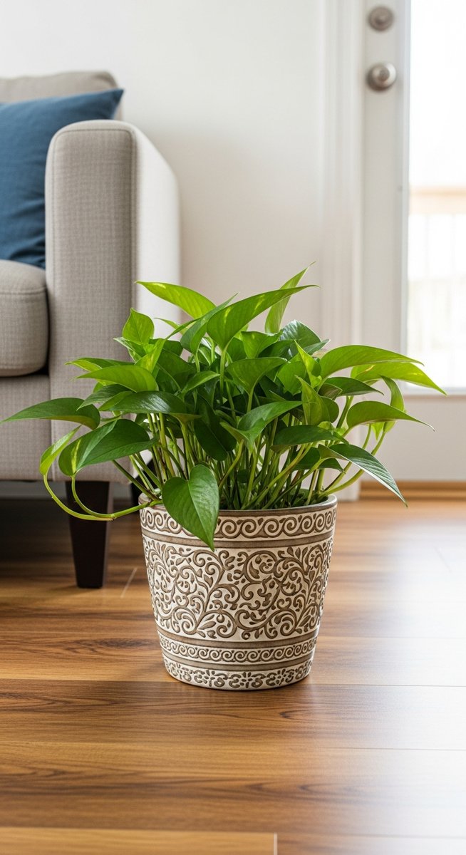 a pothos plant in a decorative pot on a wooden floor