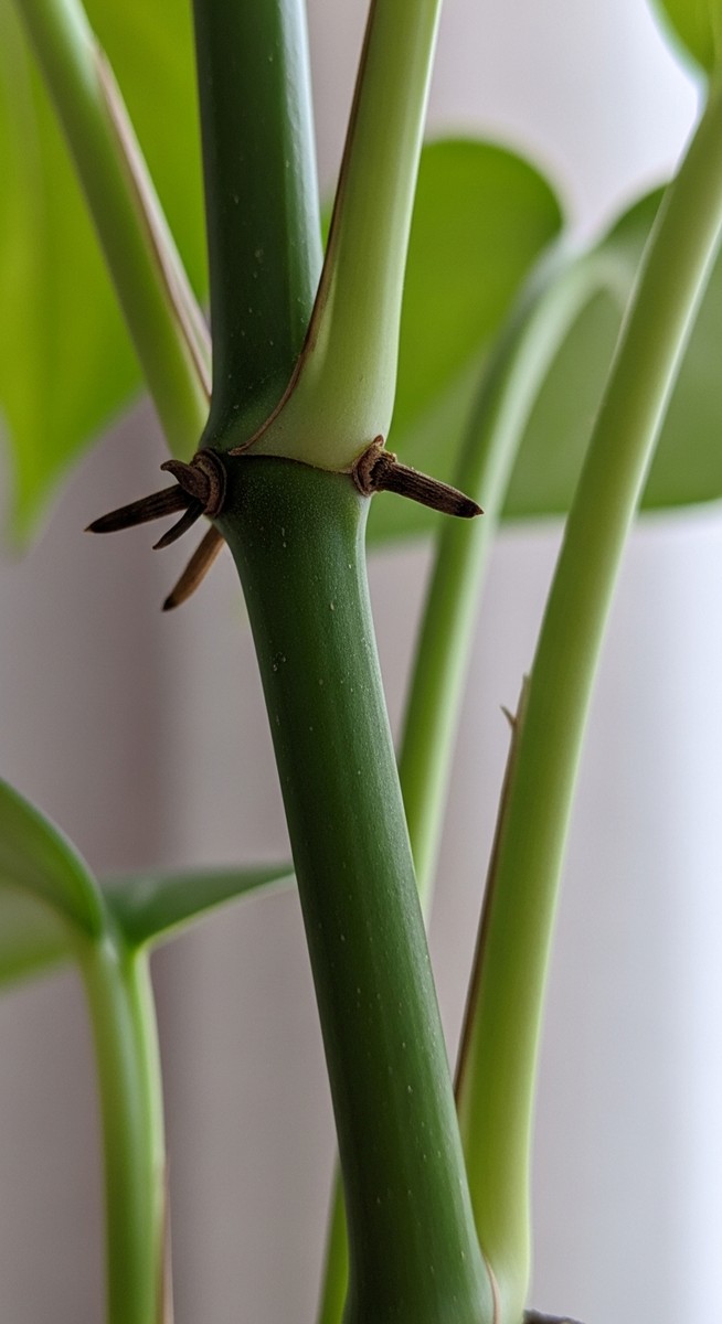 Close-up of a pothos stem showing the nodes clearly