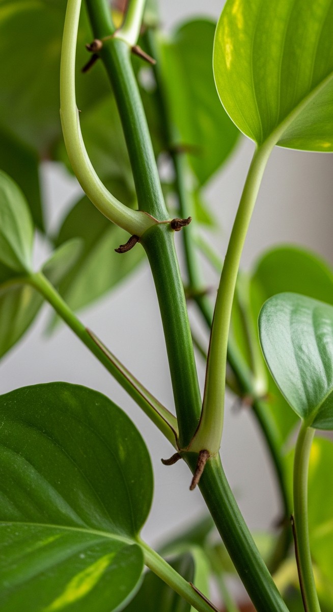 Close-up of a pothos stem showing the nodes clearly