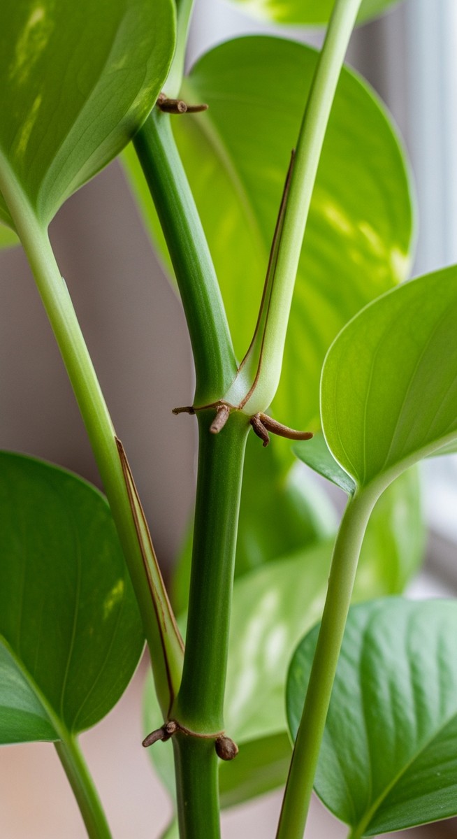 Close-up of a pothos stem showing the nodes clearly
