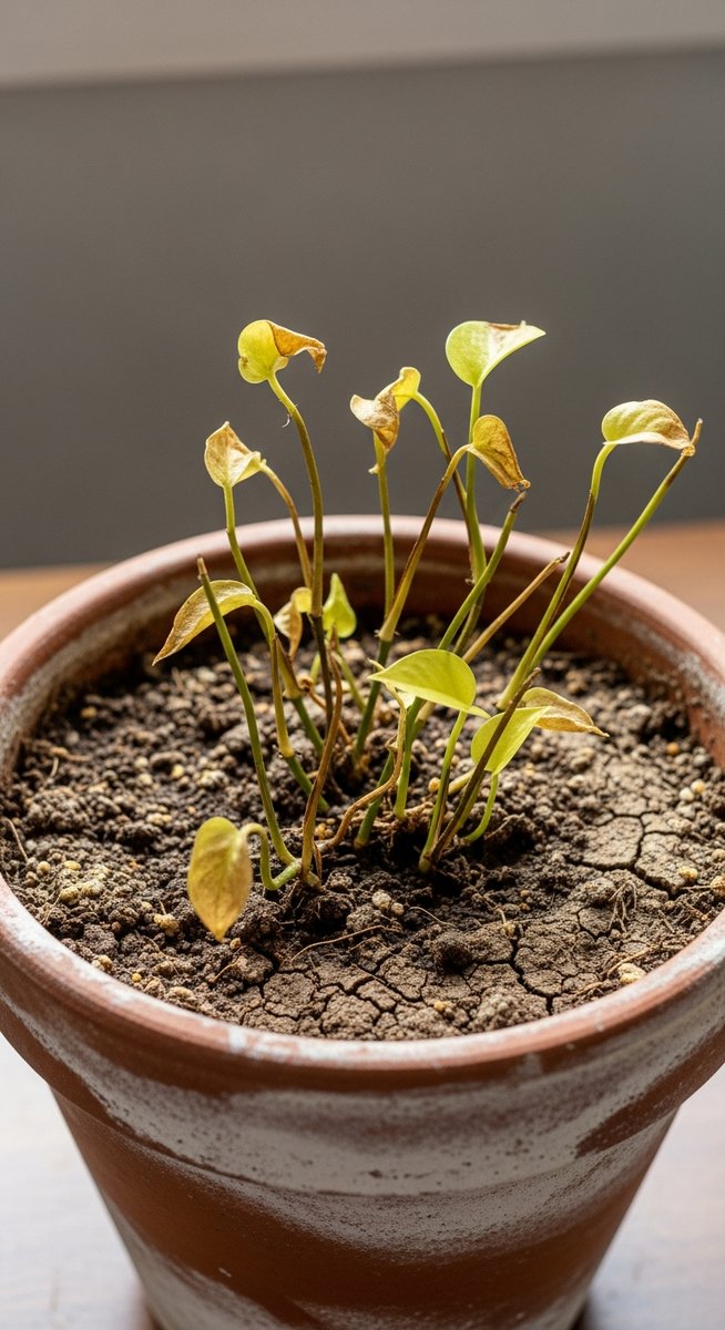 A pothos plant in a pot with very few leaves and sparse vines, for pothos not growing