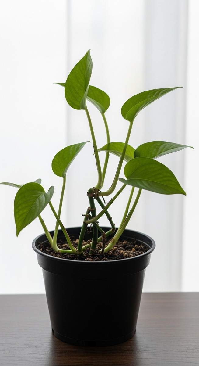 A pothos plant in a pot with very few leaves and sparse vines