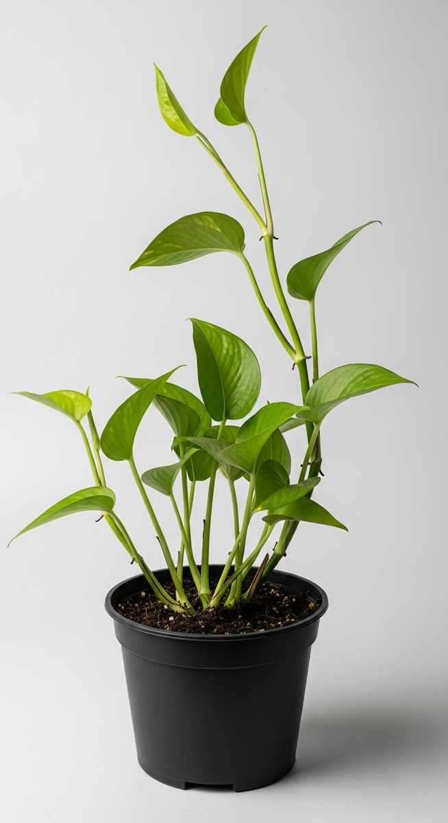 A pothos plant in a pot with very few leaves and sparse vines, for pothos not growing