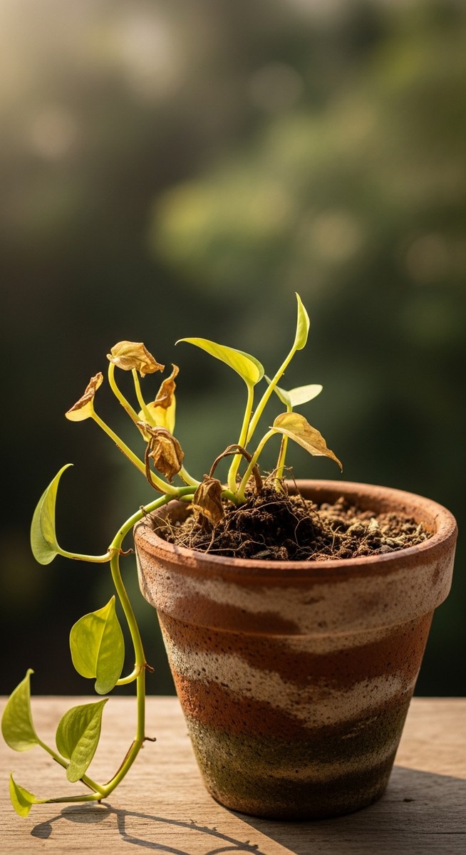 A pothos plant in a pot with very few leaves and sparse vines