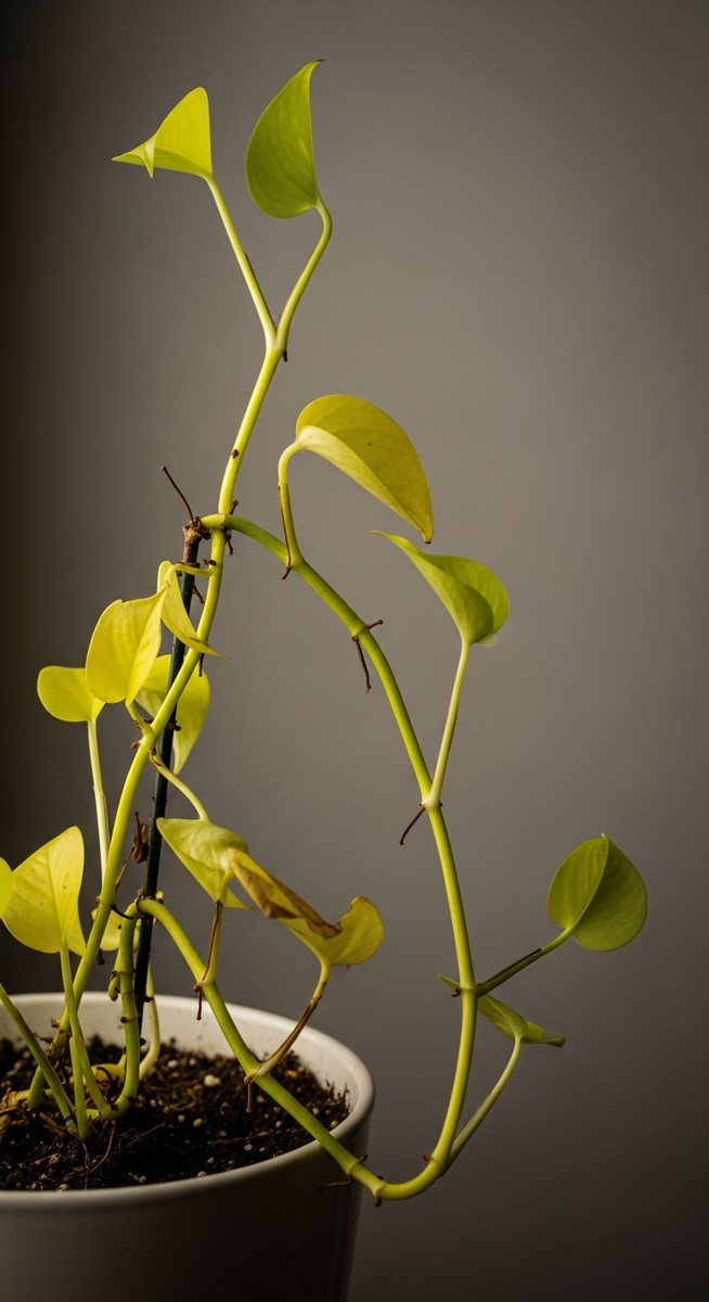 A pothos plant in a pot with very few leaves and sparse vines, for pothos not growing