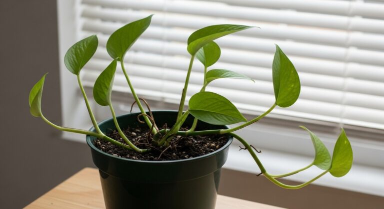 A pothos plant in a pot with very few leaves and sparse vines, for pothos not growing