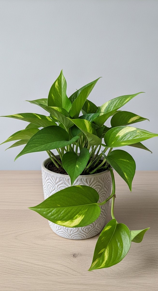A pothos plant in a pot with very few leaves and sparse vines