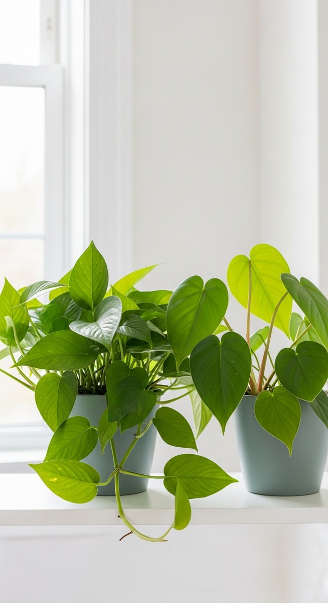 A pothos plant and a heartleaf philodendron plant sitting side by side in pots o, for pothos philodendron together