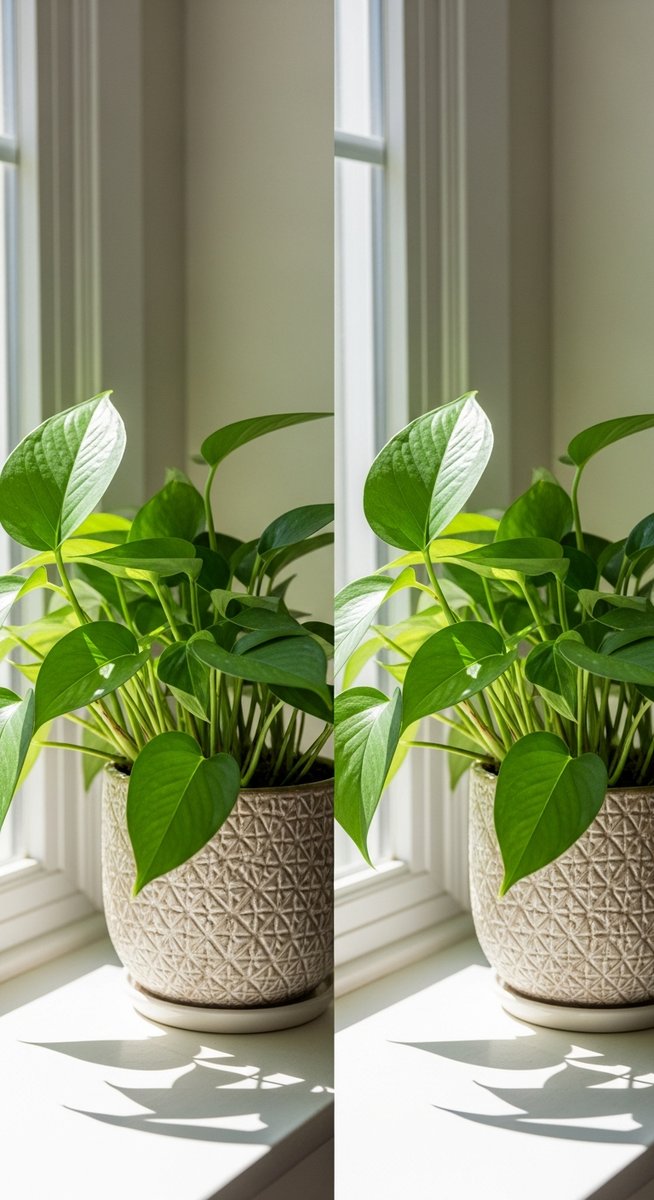 A pothos plant and a heartleaf philodendron plant sitting side by side in pots o
