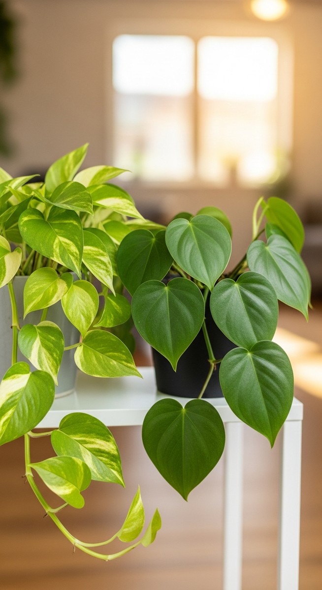 A pothos plant and a heartleaf philodendron plant sitting side by side in pots o, for pothos philodendron together