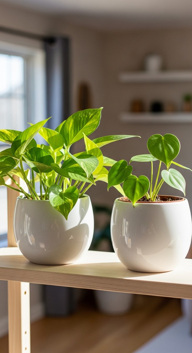 A pothos plant and a heartleaf philodendron plant sitting side by side in pots o