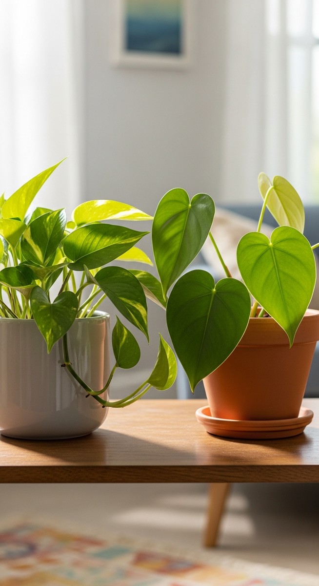 A pothos plant and a heartleaf philodendron plant sitting side by side in pots o, for pothos philodendron together