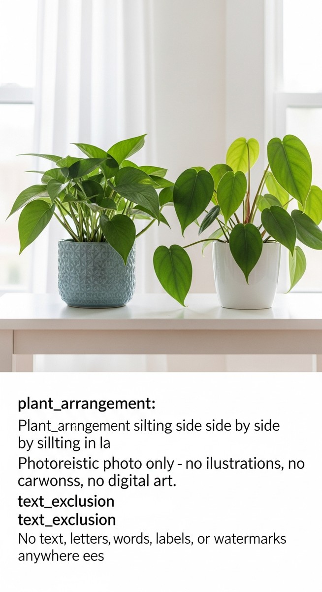 A pothos plant and a heartleaf philodendron plant sitting side by side in pots o