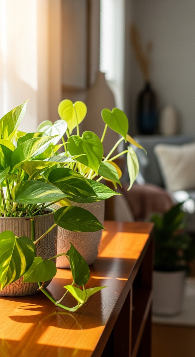 A pothos plant and a heartleaf philodendron plant sitting side by side in pots o