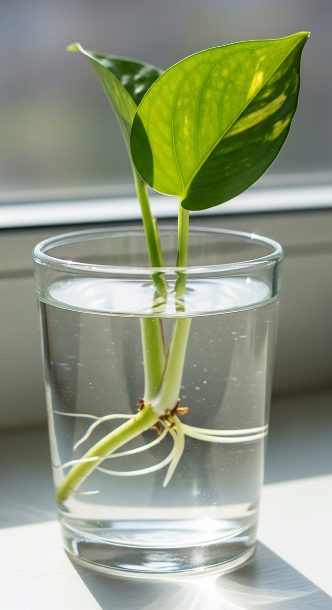 a pothos cutting in water with white roots beginning to develop