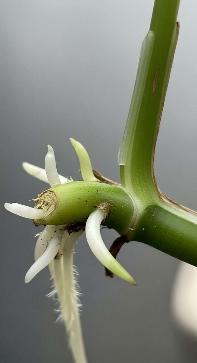 close-up of a pothos cutting node with root nubs emerging, for pothos propagation water to soil