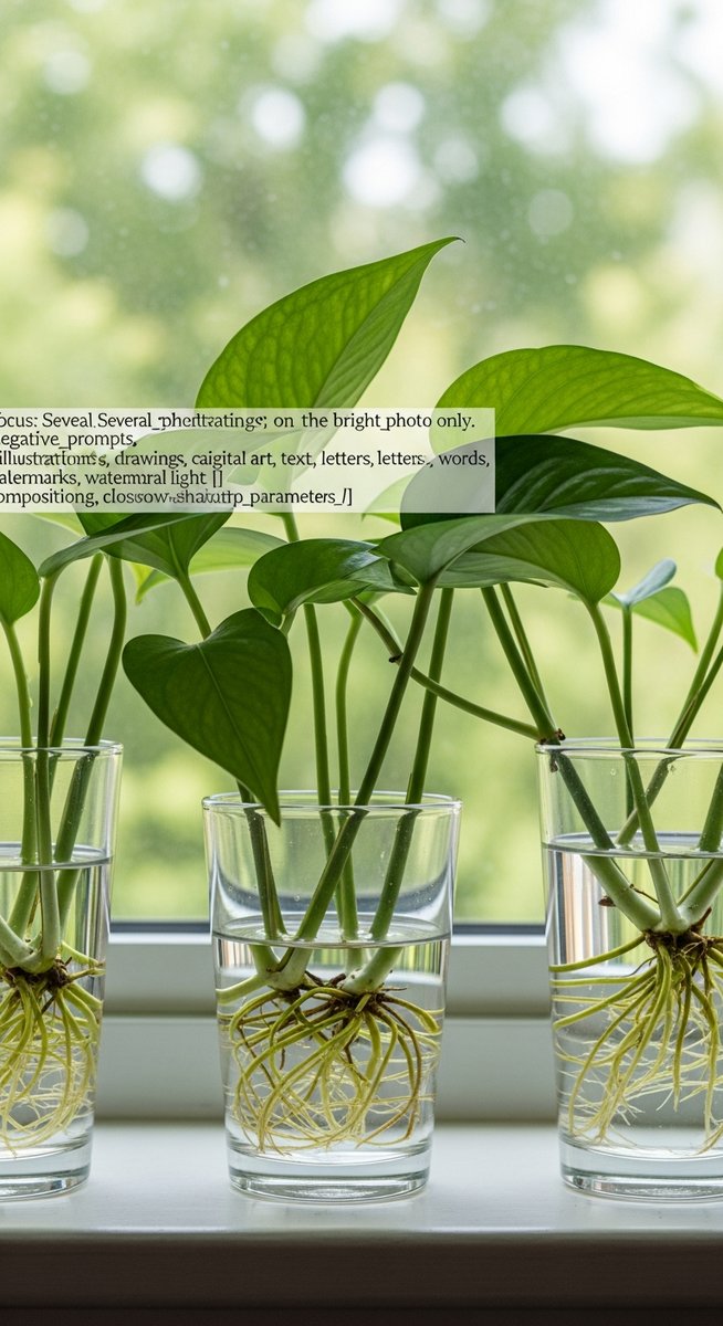 several pothos cuttings in glasses of water on a windowsill