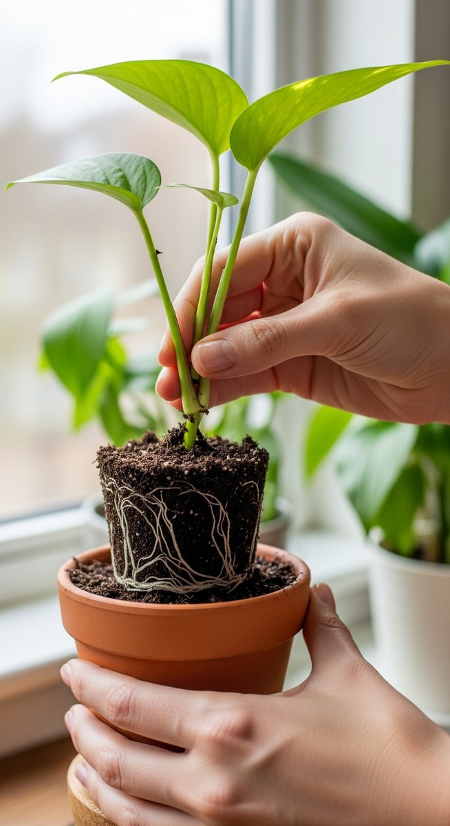 hands planting a rooted pothos cutting into fresh soil, for pothos propagation water to soil