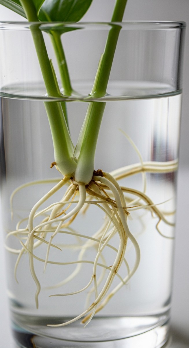 close-up of white roots growing from a pothos cutting in water, for pothos propagation water to soil