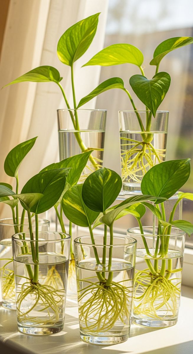 multiple pothos cuttings at different stages of rooting in water