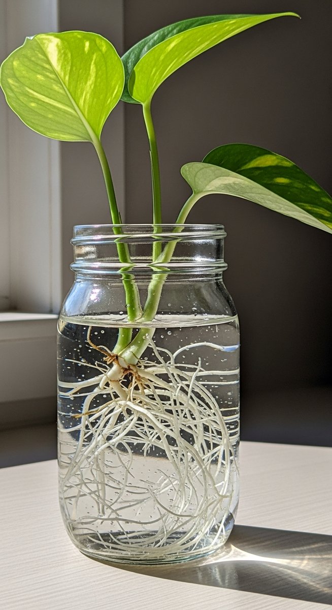 a pothos cutting with healthy roots in water ready to pot