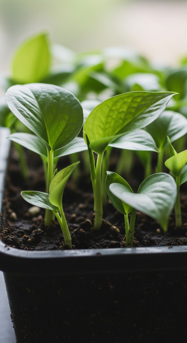 Small pothos seedlings in a small pot or tray with tiny leaves just emerging, for pothos seeds
