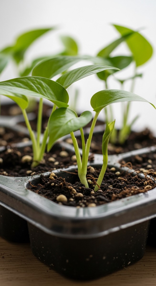 Small pothos seedlings in a small pot or tray with tiny leaves just emerging