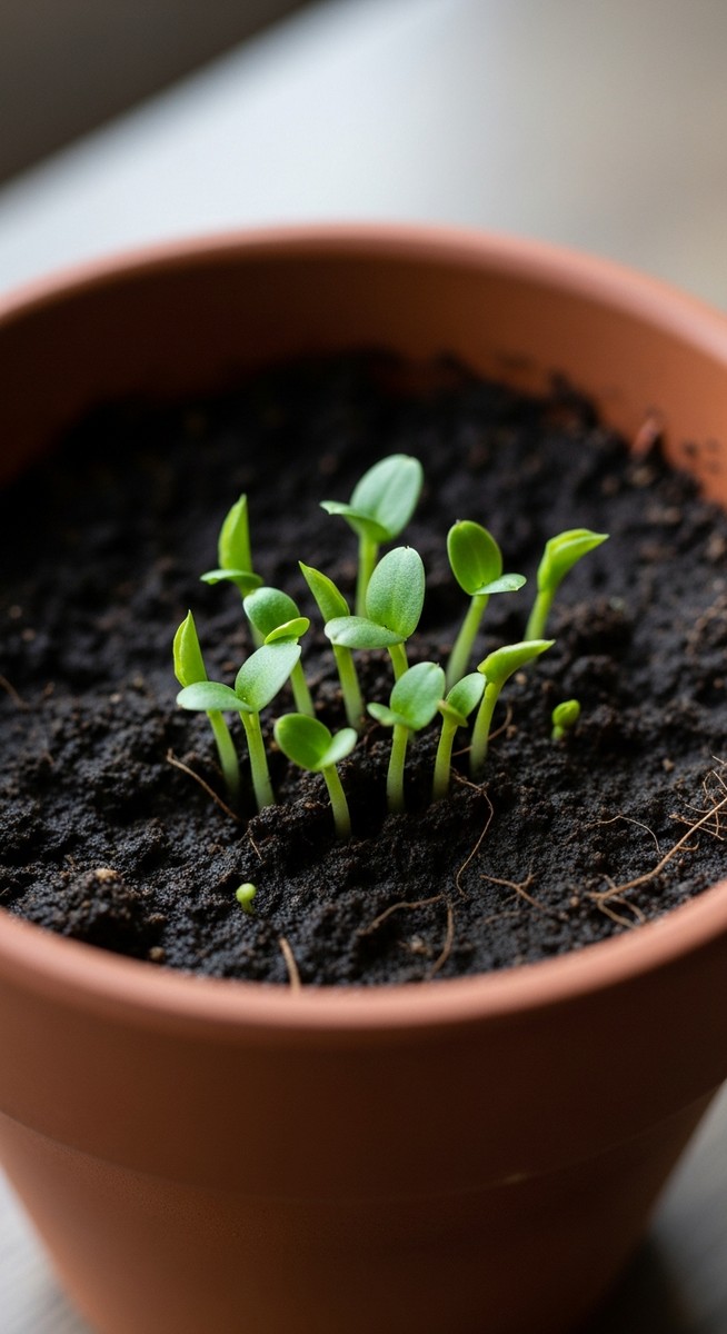Small pothos seedlings in a small pot or tray with tiny leaves just emerging, for pothos seeds