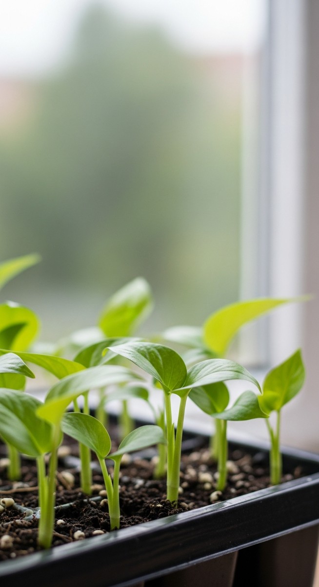 Small pothos seedlings in a small pot or tray with tiny leaves just emerging