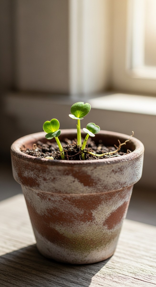 Small pothos seedlings in a small pot or tray with tiny leaves just emerging, for pothos seeds