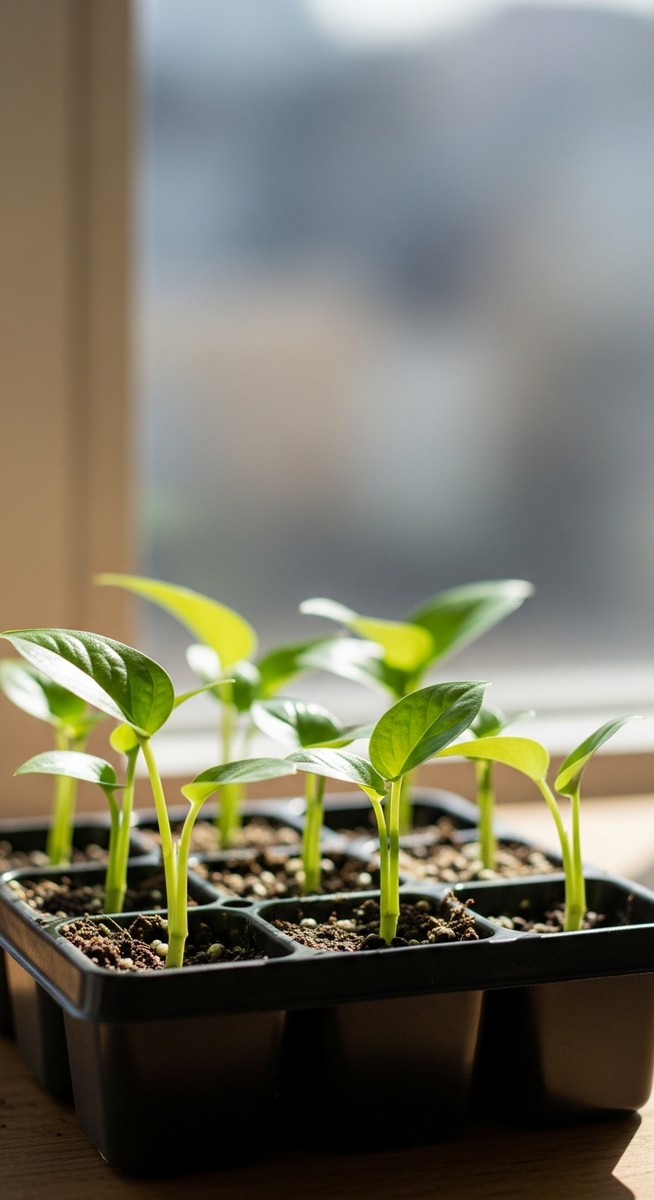 Small pothos seedlings in a small pot or tray with tiny leaves just emerging