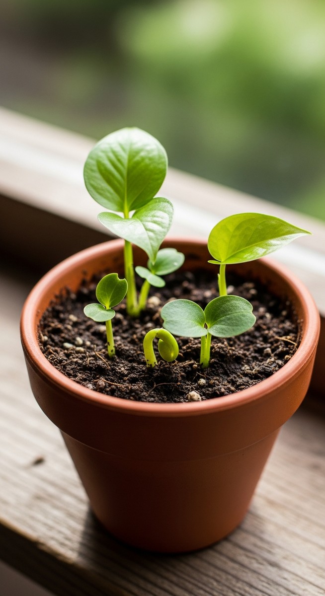 Small pothos seedlings in a small pot or tray with tiny leaves just emerging